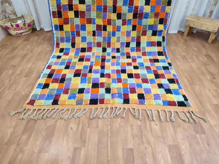 FABULOUS BOUJAAD RUG, Moroccan Handmade Carpet, Tribal Berber Rug,Checkered Boujaad Rug, Orange And Purple Rug, Authentic Sheep Wool Rug.