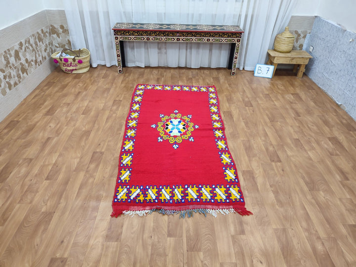 gorgeous moroccan rug,  handmade rug, tribal abstractrug, berber sheep wool rug, small red and yellow carpet, wall hanging carpet.