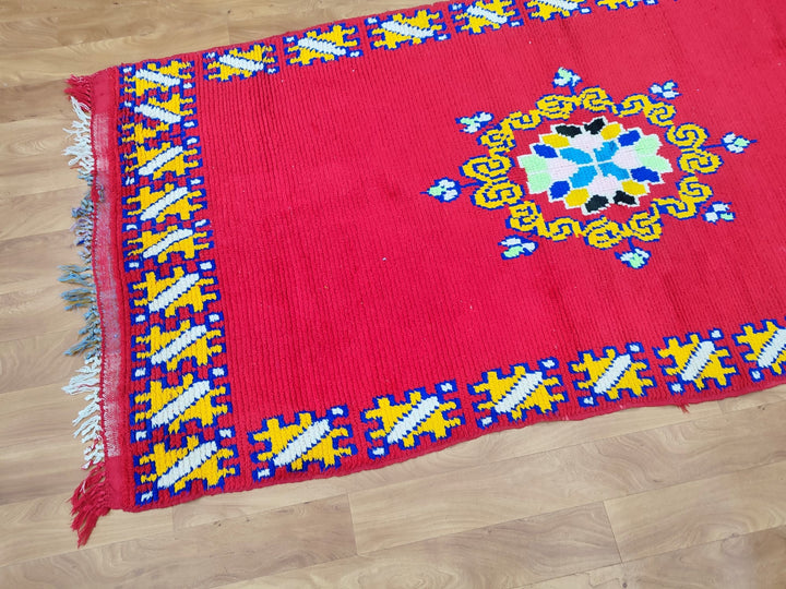 gorgeous moroccan rug,  handmade rug, tribal abstractrug, berber sheep wool rug, small red and yellow carpet, wall hanging carpet.