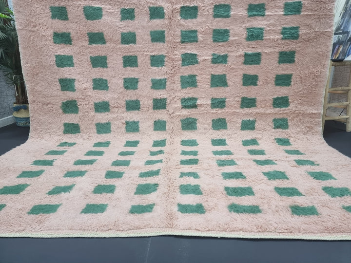 CUTE BENIOURAIN RUG, Moroccan Handmade Rug , Light Brown  Green Rug, Checkered Rug, Handmade Wool Rug, Handwoven Rug, Azilal Area Rug