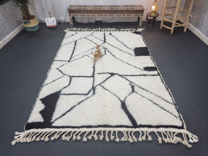 PRETTY BENIOURAIN RUG, Moroccan Handmade Rug , White  Black Rug, Abstract Rug, Berber Rug, Handmade Rug, Handwoven Wool Rug, Area Rug.