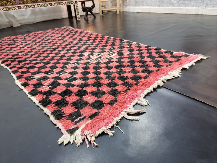 beautiful  rug, moroccan rug , berber rug, checkerboard rug, black  red  rug, tribal rug, sheep wool rug, area wool rug