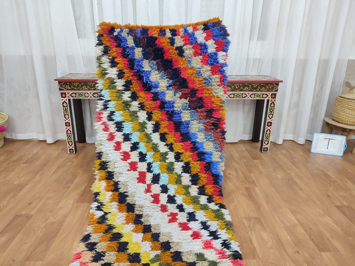 unique moroccan rug, handmade checkered runner rug,  berber carpet, tribal sheep wool rug, anthentic colorful rug, check runner rug.