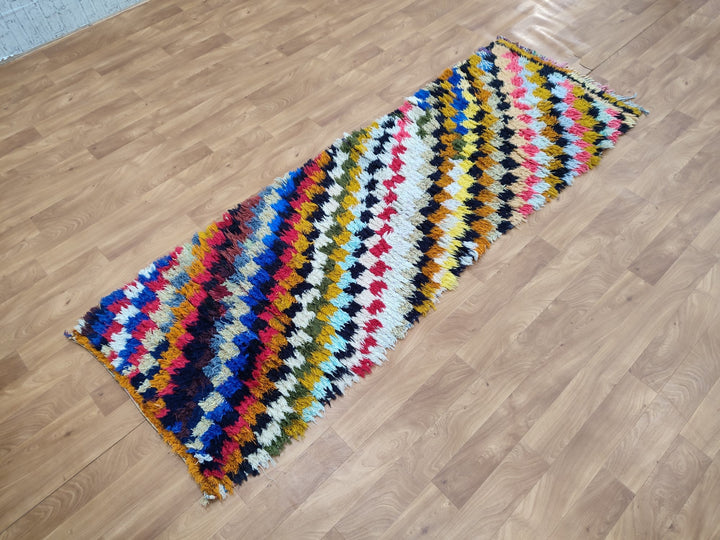 unique moroccan rug, handmade checkered runner rug,  berber carpet, tribal sheep wool rug, anthentic colorful rug, check runner rug.