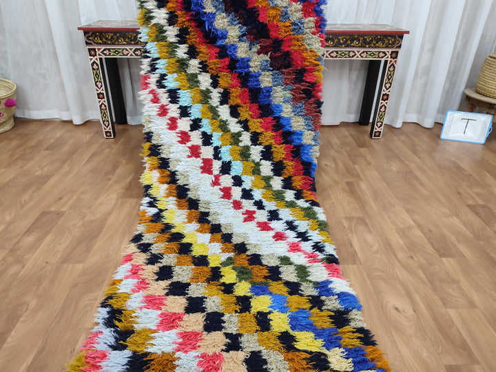 unique moroccan rug, handmade checkered runner rug,  berber carpet, tribal sheep wool rug, anthentic colorful rug, check runner rug.