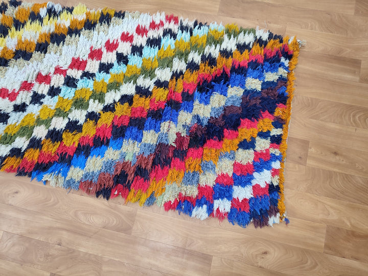 unique moroccan rug, handmade checkered runner rug,  berber carpet, tribal sheep wool rug, anthentic colorful rug, check runner rug.