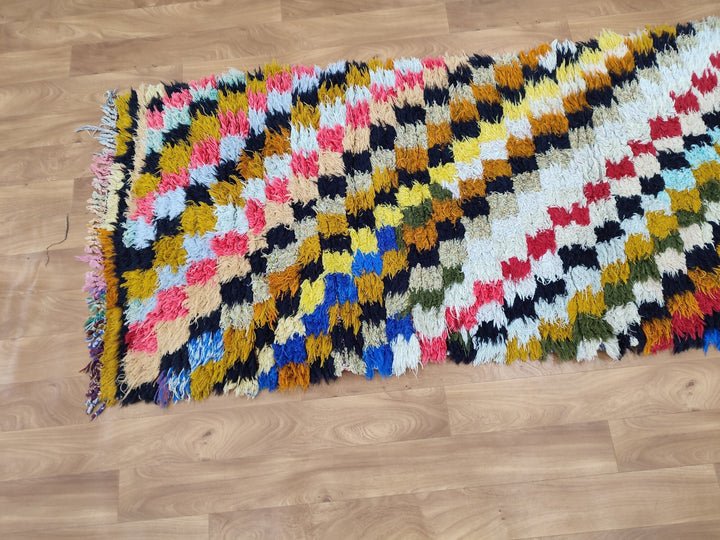 unique moroccan rug, handmade checkered runner rug,  berber carpet, tribal sheep wool rug, anthentic colorful rug, check runner rug.