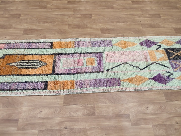 GORGEOUS MOROCCAN RUG, Handmade Runner Rug, Sheep Wool Carpet, Orange And Green Rug, Tribal Berebr Runner Rug, Abstract Boujaad Runner Rug.