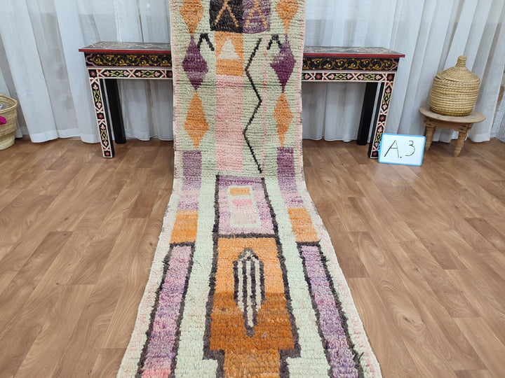 GORGEOUS MOROCCAN RUG, Handmade Runner Rug, Sheep Wool Carpet, Orange And Green Rug, Tribal Berebr Runner Rug, Abstract Boujaad Runner Rug.