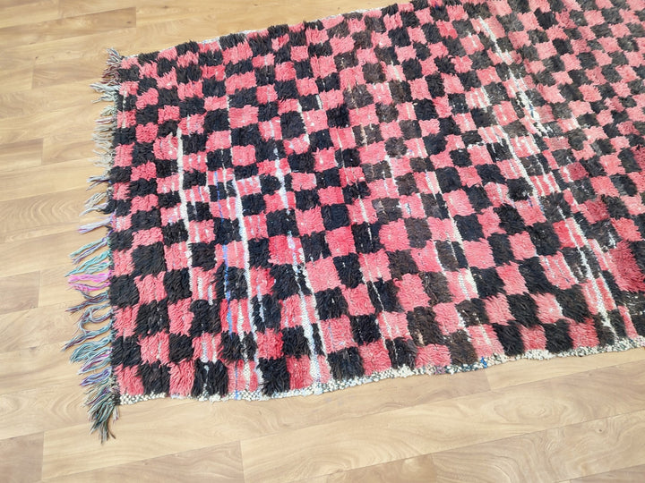  moroccan rug, handmade berber rug, authentic checkered rug, red and black rug, moroccan sheep wool rug, tribal handwoven carpet.