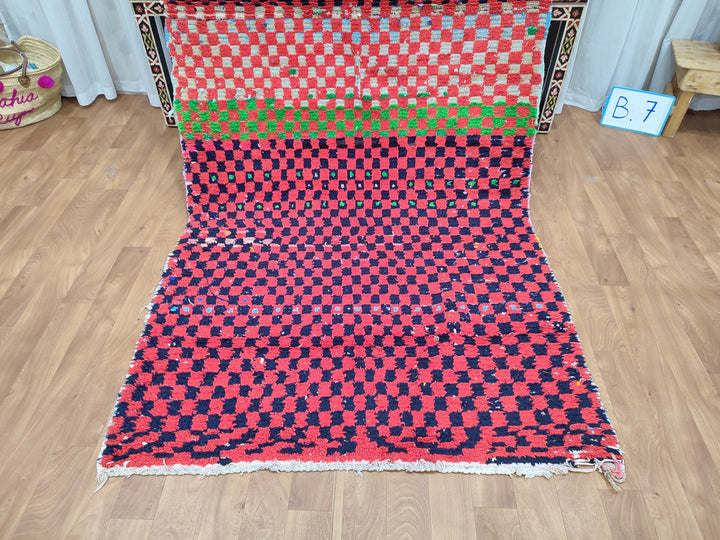 moroccan handmade rug,  berber rug, sheep wool rug, authentic red and black rug, tribal checkered rug, moroccan handwoven rug.