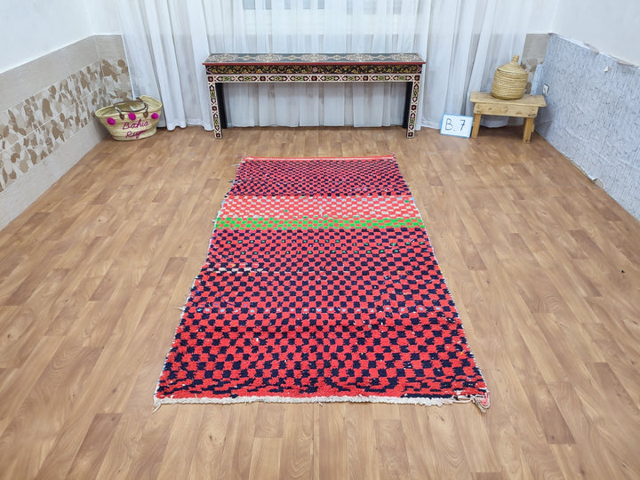 moroccan handmade rug,  berber rug, sheep wool rug, authentic red and black rug, tribal checkered rug, moroccan handwoven rug.