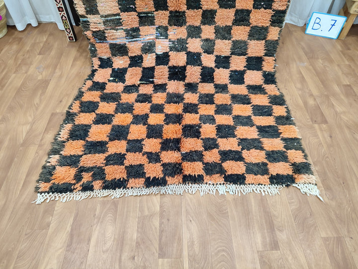 gorgeous moroccan rug,  handmade rug, tribal checkered rug, berber sheep wool rug, orange and black rug, authentic handwoven rug.