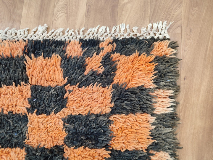 gorgeous moroccan rug,  handmade rug, tribal checkered rug, berber sheep wool rug, orange and black rug, authentic handwoven rug.