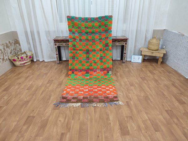 gorgeous moroccan rug, handmade  rug, authentic checkered rug, sheep wool rug, handwoven green and orange rug, tribal berber carpet.