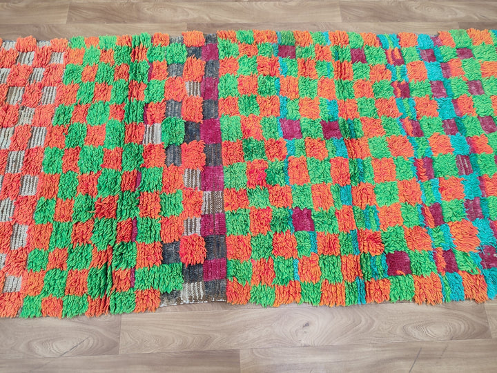 gorgeous moroccan rug, handmade  rug, authentic checkered rug, sheep wool rug, handwoven green and orange rug, tribal berber carpet.