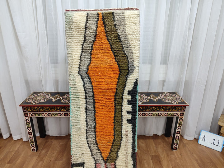 AMAZING MOROCCAN RUG, Handmade Boujaad Runner Rug, Tribal Berber Rug, OrangeGreen Runner Rug, Sheep Wool Rug, Abstract Boujad Runner Rug.