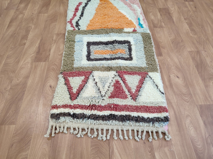 GORGEOUS MOROCCAN RUG, Handmade Runner Rug, Sheep Wool Carpet, Orange And Green Rug, Tribal Berebr Runner Rug, Abstract Boujaad Runner Rug.