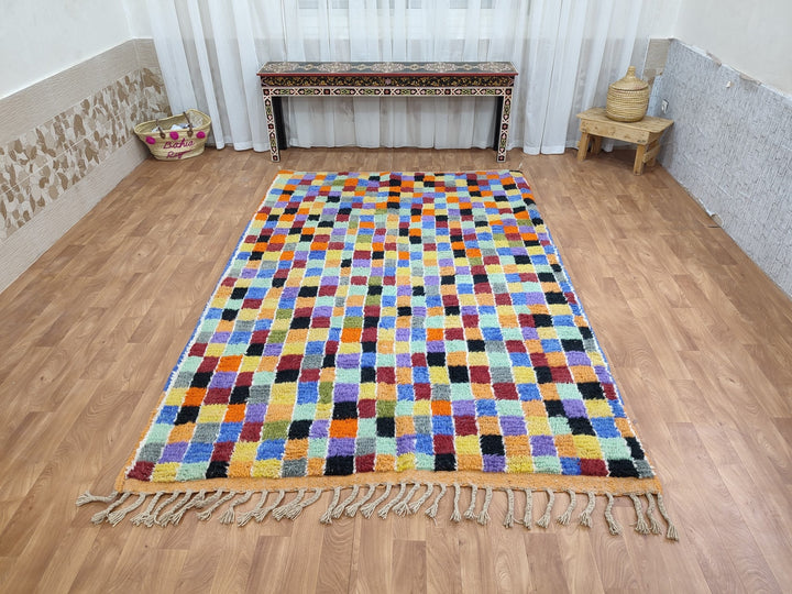 GORGEOUS MOROCCAN RUG, Custom Handmade Carpet, Unique Sheep Wool Rug, Tribal Berber Rug, Colorful Checkered Rug, Authentic Handwoven Rug.