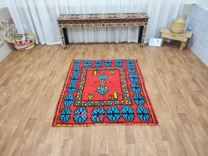 artistic moroccan rug,  handmade rug, tribal geometric rug, berber sheep wool rug, small red and blue carpet, wall hanging carpet.