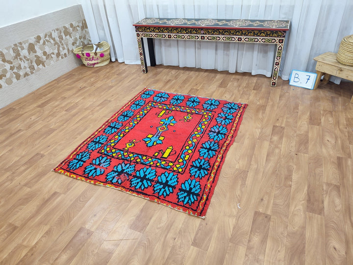 artistic moroccan rug,  handmade rug, tribal geometric rug, berber sheep wool rug, small red and blue carpet, wall hanging carpet.