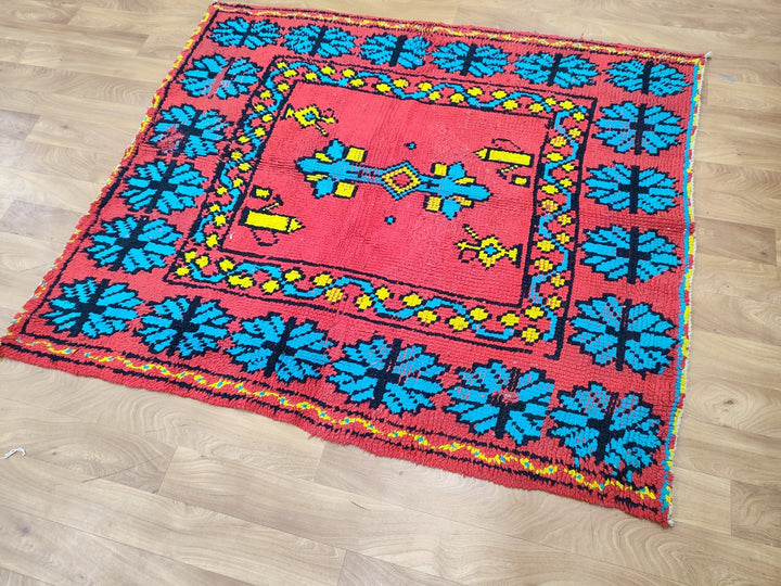 artistic moroccan rug,  handmade rug, tribal geometric rug, berber sheep wool rug, small red and blue carpet, wall hanging carpet.