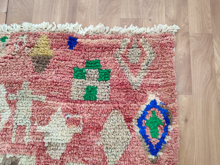 ARTISTIC BOUJAAD RUG, Moroccan Handmade Carpet, Tribal Berber Rug, Geometric Boujaad Rug, Handwoven RedGreen Rug, Authentic Sheep Wool Rug.