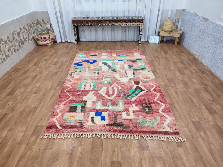 Fabulous Boujaad Rug, Handmade Moroccan Rug, Authentic Abstract Carpet, Tribal Red And Off White Rug, Berber Symbols Carpet, Sheep Wool Rug.