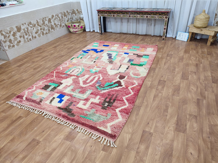 Fabulous Boujaad Rug, Handmade Moroccan Rug, Authentic Abstract Carpet, Tribal Red And Off White Rug, Berber Symbols Carpet, Sheep Wool Rug.