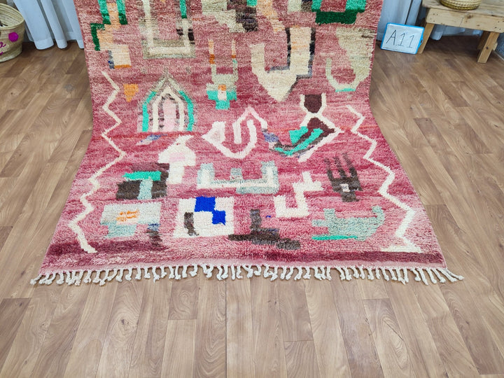 Fabulous Boujaad Rug, Handmade Moroccan Rug, Authentic Abstract Carpet, Tribal Red And Off White Rug, Berber Symbols Carpet, Sheep Wool Rug.