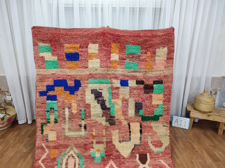 Fabulous Boujaad Rug, Handmade Moroccan Rug, Authentic Abstract Carpet, Tribal Red And Off White Rug, Berber Symbols Carpet, Sheep Wool Rug.