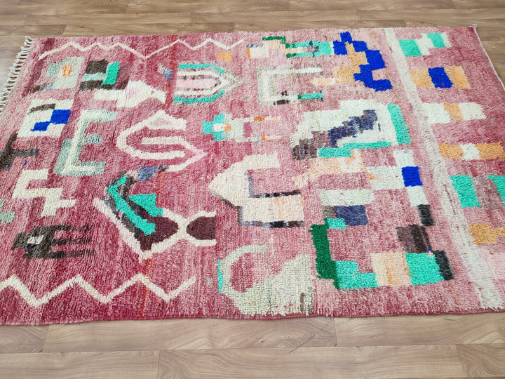 Fabulous Boujaad Rug, Handmade Moroccan Rug, Authentic Abstract Carpet, Tribal Red And Off White Rug, Berber Symbols Carpet, Sheep Wool Rug.