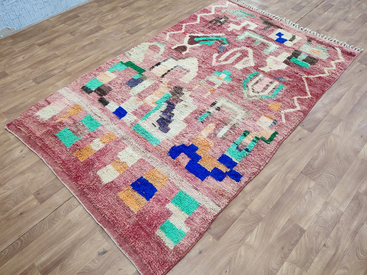 Fabulous Boujaad Rug, Handmade Moroccan Rug, Authentic Abstract Carpet, Tribal Red And Off White Rug, Berber Symbols Carpet, Sheep Wool Rug.