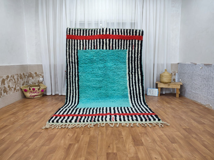 Artistic Boujaad Rug, Moroccan Handmade Carpet, Black And Turquoise Rug, Berber Striped Rug, Tribal Sheep Wool Rug, Handwoven Boujaad Rug.