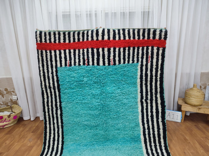 Artistic Boujaad Rug, Moroccan Handmade Carpet, Black And Turquoise Rug, Berber Striped Rug, Tribal Sheep Wool Rug, Handwoven Boujaad Rug.