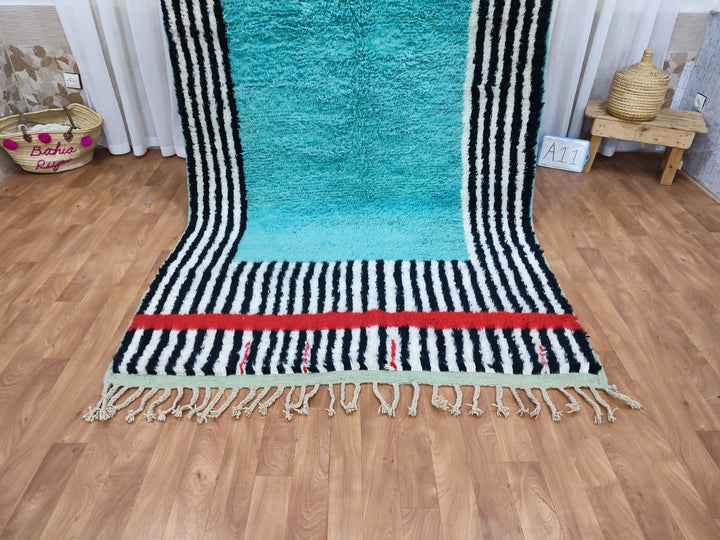 Artistic Boujaad Rug, Moroccan Handmade Carpet, Black And Turquoise Rug, Berber Striped Rug, Tribal Sheep Wool Rug, Handwoven Boujaad Rug.