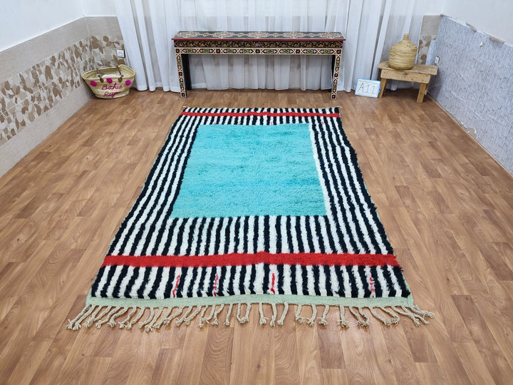 Artistic Boujaad Rug, Moroccan Handmade Carpet, Black And Turquoise Rug, Berber Striped Rug, Tribal Sheep Wool Rug, Handwoven Boujaad Rug.