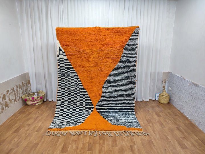 GORGEOUS BOUJAAD RUG, Moroccan Handmade Rug, Custom Sheep Wool Rug, Abstract Berber Rug, Orange And Black Carpet, Tribal Boujaad Rug.