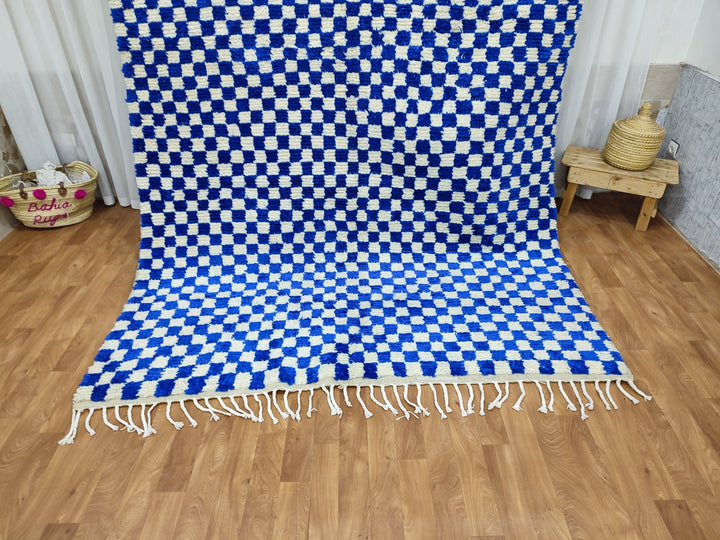 Custom checkered RUG, Moroccan Handmade Rug, Authentic Checkered Carpet, Blue And White Rug, Tribal Berber Rug, Sheep Wool Rug, Beni Rug.