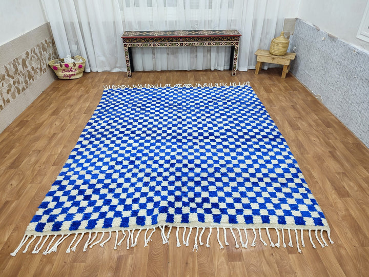 Custom checkered RUG, Moroccan Handmade Rug, Authentic Checkered Carpet, Blue And White Rug, Tribal Berber Rug, Sheep Wool Rug, Beni Rug.