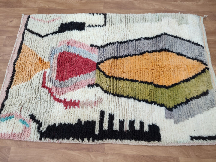 AMAZING BOUJAAD RUG, Moroccan Handmade Rug, Green And Orange Rug, Berber Abstract Rug, Authentic Sheep Wool Rug, Small Tribal Boujad Carpet.