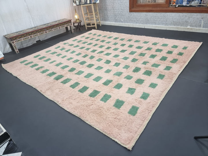 CUTE BENIOURAIN RUG, Moroccan Handmade Rug , Light Brown  Green Rug, Checkered Rug, Handmade Wool Rug, Handwoven Rug, Azilal Area Rug