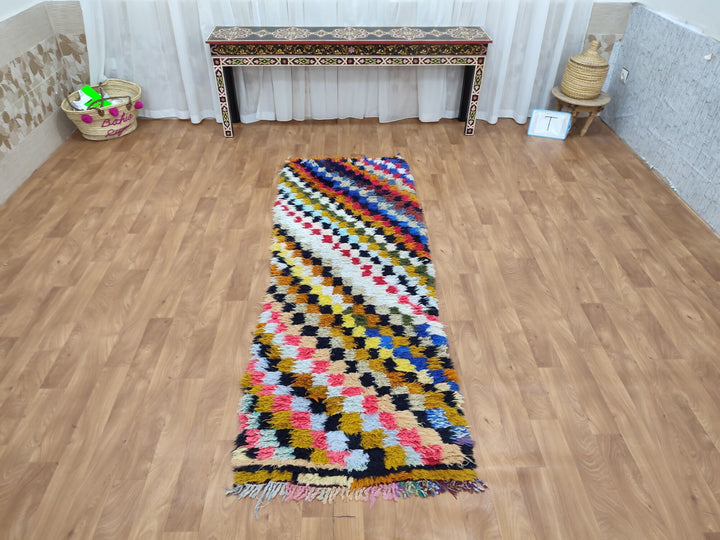 unique moroccan rug, handmade checkered runner rug,  berber carpet, tribal sheep wool rug, anthentic colorful rug, check runner rug.