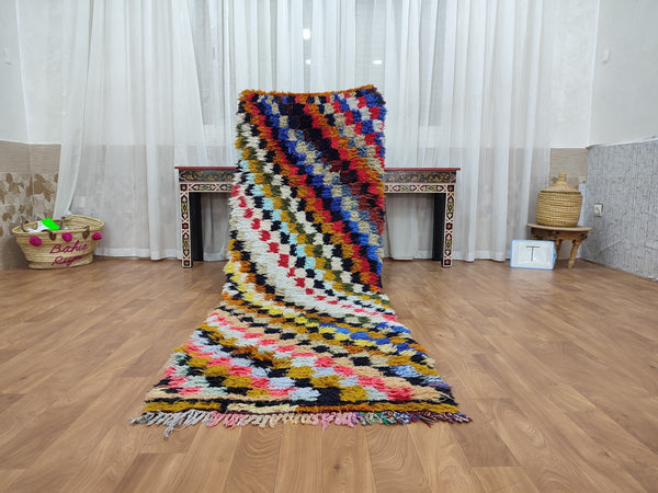 unique moroccan rug, handmade checkered runner rug,  berber carpet, tribal sheep wool rug, anthentic colorful rug, check runner rug.