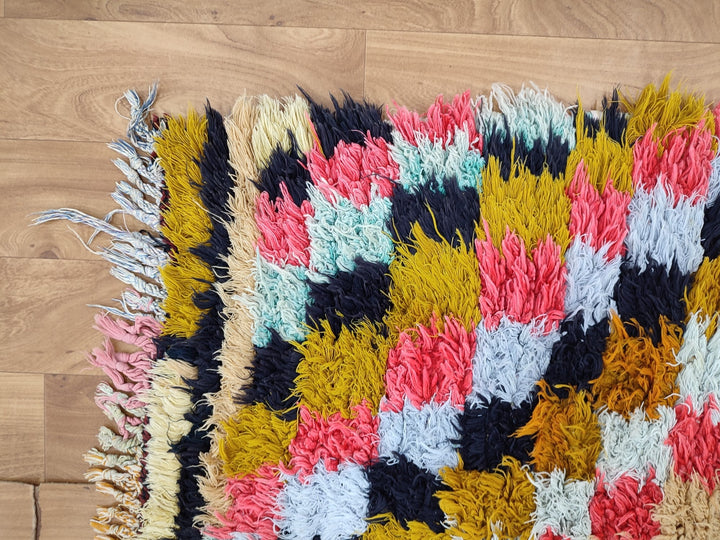 unique moroccan rug, handmade checkered runner rug,  berber carpet, tribal sheep wool rug, anthentic colorful rug, check runner rug.