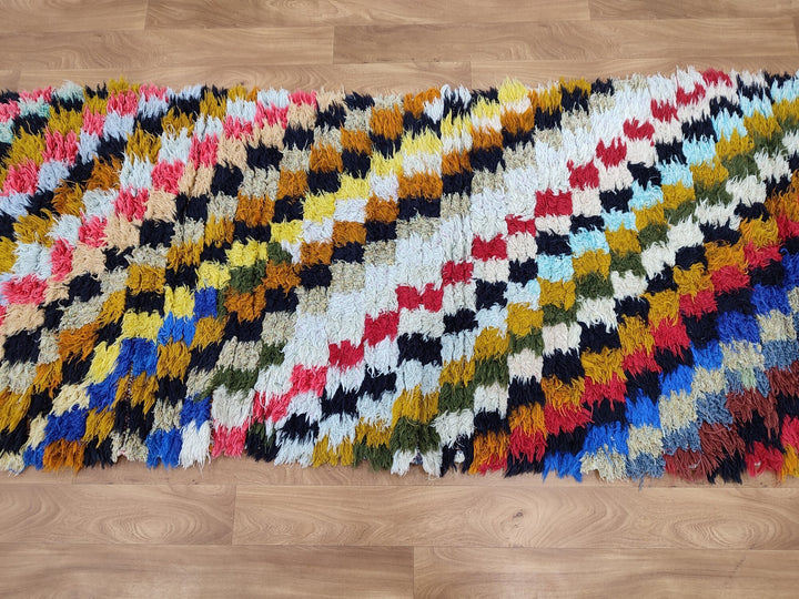 unique moroccan rug, handmade checkered runner rug,  berber carpet, tribal sheep wool rug, anthentic colorful rug, check runner rug.