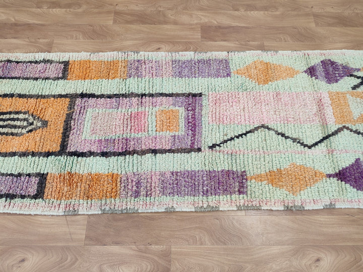 GORGEOUS MOROCCAN RUG, Handmade Runner Rug, Sheep Wool Carpet, Orange And Green Rug, Tribal Berebr Runner Rug, Abstract Boujaad Runner Rug.