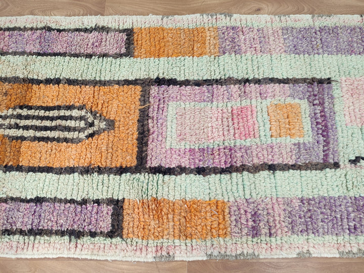 GORGEOUS MOROCCAN RUG, Handmade Runner Rug, Sheep Wool Carpet, Orange And Green Rug, Tribal Berebr Runner Rug, Abstract Boujaad Runner Rug.