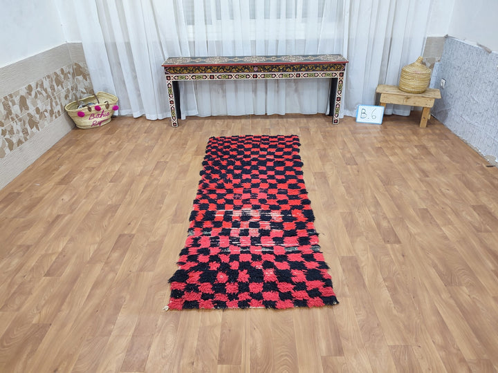 authentic moroccan rug,  tribal runner rug, checkered handmade rug, unique moroccan carpet, berber sheep wool rug, red and black rug.