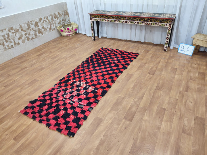 authentic moroccan rug,  tribal runner rug, checkered handmade rug, unique moroccan carpet, berber sheep wool rug, red and black rug.